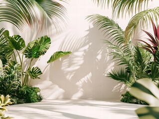 Obraz premium Lush Green Tropical Plants with Shadows on a Soft Background Surface