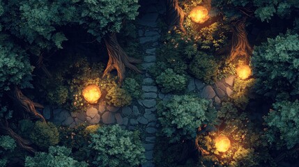 Obraz premium Dark and Mysterious Enchanted Forest Pathway with Glowing Orbs and Dense Greenery