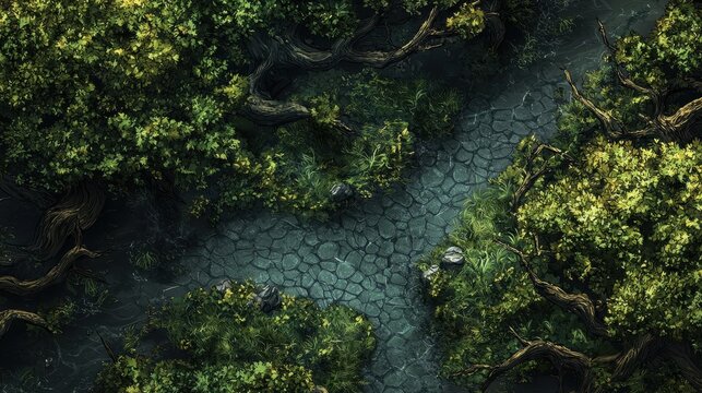 Eerie Dark Swamp Battle Map with Twisted Trees and Mysterious Vegetation in a Fantastical Environment