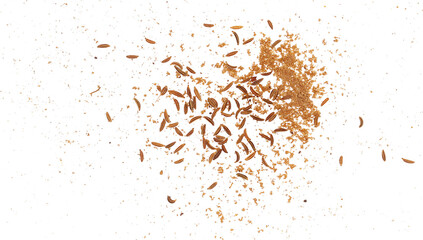 Ground and seeds cumin scattered,  caraway isolated on white, clipping