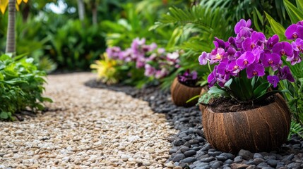 Vibrant Orchids in Decorative Pots Along Garden Pathway
