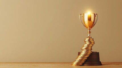 A golden trophy shining brightly atop a stack of coins, symbolizing success and achievement on a wooden surface with a neutral background.