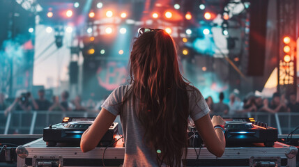 Back view of a female woman DJ or sound engineer playing at a music festival