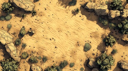 Aerial View of a Dry Desert Landscape with Towering Sand Dunes and Sparse Vegetation Under Bright Sunlight