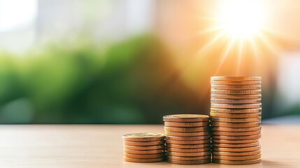 A stack of coins symbolizing financial growth and prosperity, illuminated by natural light from the background.