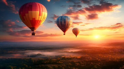 Fototapeta premium Hot air balloon gliding above tranquil valley with glowing sunrise, golden mist, and peaceful countryside below
