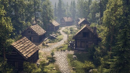 Obraz premium Serene Village in Forest Surrounded by Rustic Wooden Houses and Lush Greenery