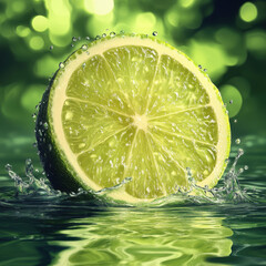 close up of a green lemon slice with water droplets on it and water dripping against a green watery 