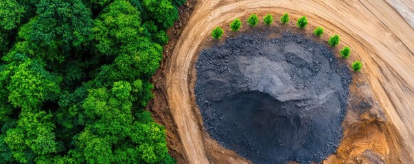 Aerial view of a circular pit surrounded by young trees, showcasing the contrast between nature and land use, highlighting environmental changes.