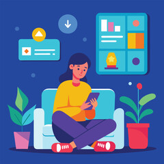 Fototapeta premium a women sitting in a living room and using phone