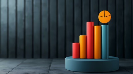 Obraz premium A stylized 3D bar graph with an ascending pattern sits atop a teal cylindrical base against a dark wood background.