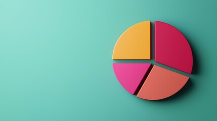 Fototapeta premium A teal background features a colorful pie chart composed of four segments in orange, red, pink, and coral.