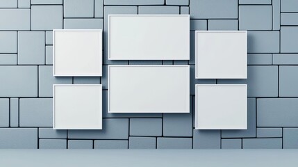 Five blank frames arranged on a minimalist stone wall, perfect for showcasing your creative work or as a template for presentations.