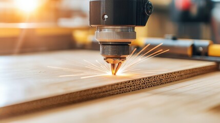 Modern Woodworking Factory Concept, High Resolution View of Advanced Laser Guided Cutting Technology in Action on Wood Material
