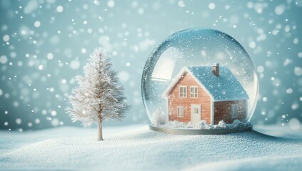 Winter Wonderland Snow Globe with Cozy House and Snowy Tree in a Magical Scene of Falling Snowflakes and Shimmering Snow, Perfect for Seasonal Decor or Holiday Imagery