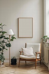Cozy Corner with Wood Chair, Floor Lamp, Plants, and Empty Frame