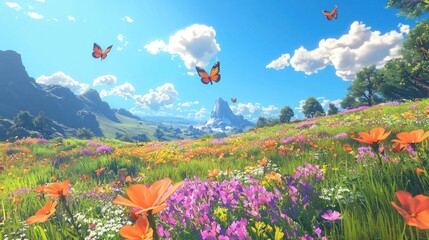 Vibrant Field of Lush Flowers with Butterflies in a Scenic Landscape Under Bright Blue Sky