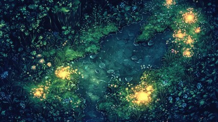Obraz premium Enchanting Glowing Forest with Magical Flowers and a Mysterious Radiating Map Along a Serene Stream