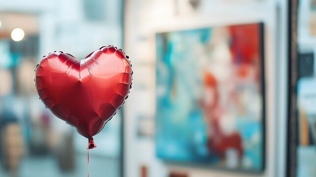 Shiny red heart shaped balloon floating indoor with a blurred art gallery background