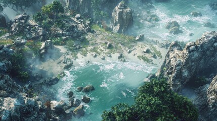 Obraz premium Misty Rocky Shoreline with Jagged Rocks and Crashing Waves in a Scenic Coastal Landscape