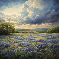 Fototapeta premium beautiful bluebonnets in a field with storm 