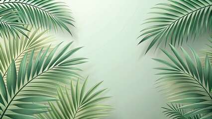 Obraz premium Elegant Pale Green Abstract Illustration with Palm Leaves for Modern Wallpapers and Backgrounds, Perfect for Covers and Design Projects Featuring Copy Space on the Left