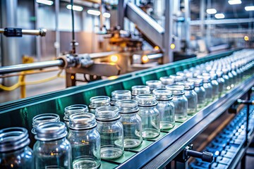 Fototapeta premium Closeup of Empty Glass Jars on Production Line in Food Factory, Showcasing Manufacturing Process with Tilt-Shift Photography for a Unique Perspective on Food Packaging Industry