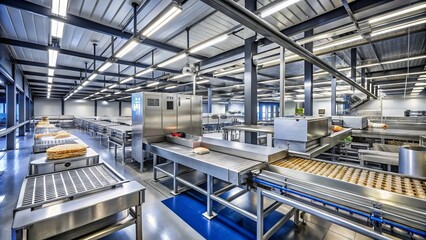 Conveyor Line in a Modern Cooking Production Factory: An Architectural Perspective of Efficiency and Design in Food Manufacturing Environments, Showcasing Industrial Aesthetics and Workflow