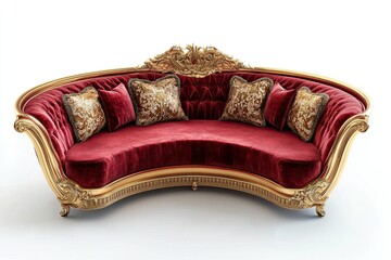 red and gold luxury velvet curved sofa on white background 