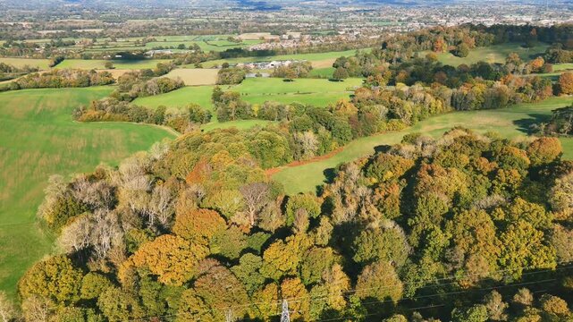 Drone view of the lush greenery of Bidborough Ridge at autumn, on a sunny day in Tunbridge Wells, UK