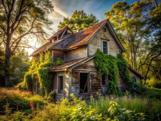 Fototapeta premium Crooked Old House with Tilted Roof and Crumbling Paint Surrounded by Overgrown Vegetation in a Serene Landscape, Capturing the Beauty of Abandonment and Nature's Reclamation