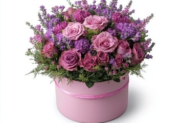Fototapeta premium A lush arrangement of pink roses and purple flowers in a soft pink hatbox, conveying elegance and charm.