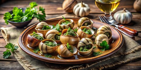 Fototapeta premium Deliciously Prepared Escargots de Bourgogne with Garlic Herb Butter on a Gourmet Plate Ready to Serve, Perfect for Fine Dining or Elegant Gatherings