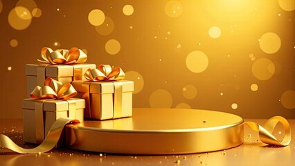 A festive golden podium for goods, with gift boxes on the sides, on a bright golden background with a bokeh effect. Mockup advertising banner.