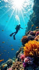 Scuba diving driver underwater among colorful corals and fish, sunlight passes through the blue depths of the water