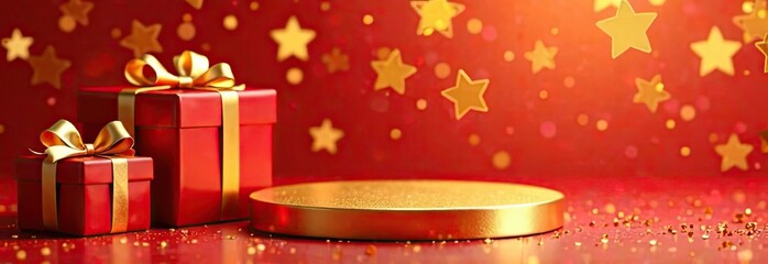 A festive golden podium for goods, with gift boxes on the sides, on a bright red background with a bokeh effect. Mockup advertising banner.