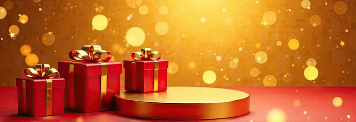 A festive golden podium for goods, with gift boxes on the sides, on a bright golden background with a bokeh effect. Mockup advertising banner.