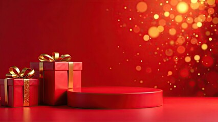 A festive red podium for goods, with gift boxes on the sides, on a bright red background with a bokeh effect. Mockup advertising banner.