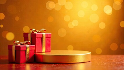 A festive golden podium for goods, with gift boxes on the sides, on a bright golden background with a bokeh effect. Mockup advertising banner.