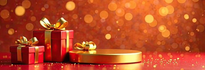 A festive golden podium for goods, with gift boxes on the sides, on a bright red background with a bokeh effect. Mockup advertising banner.