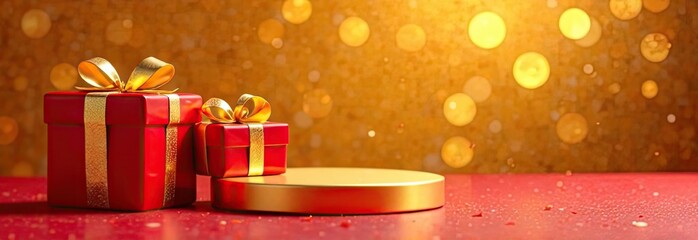 A festive golden podium for goods, with gift boxes on the sides, on a bright golden background with a bokeh effect. Mockup advertising banner.