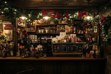 Naklejka premium A quaint coffee shop decorated with festive garlands and a Christmas specials board