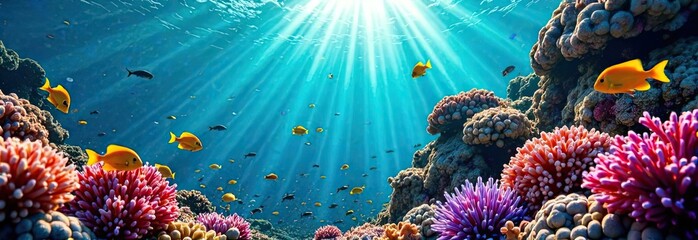 Scuba diving driver underwater among colorful corals and fish, sunlight passes through the blue depths of the water