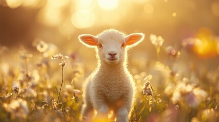 Fototapeta premium A playful lamb explores a vibrant meadow under warm sunlight, surrounded by colorful flowers, evoking a sense of tranquility and joy