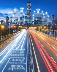 Obraz premium Modern Urban Landscape with Smart Technology Indicators at Night