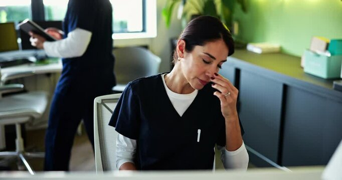 Receptionist, tired and headache with woman at dental clinic for paperwork deadline, healthcare and burnout. Frustrated, medical and documents with person for fatigue, admin report and stress