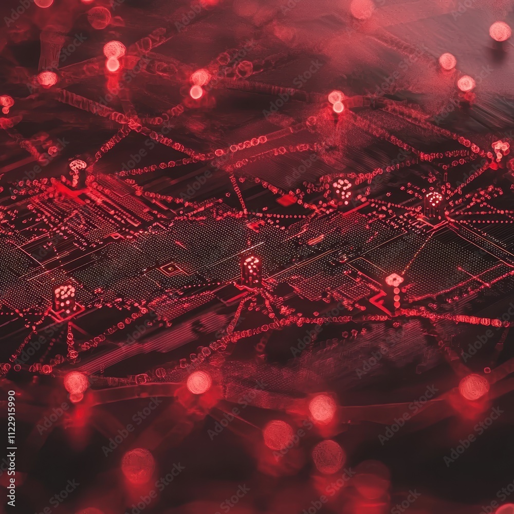 Poster digital network connection with red lines and abstract nodes