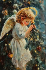Angelic Child Decorating Christmas Tree with Golden Decorations