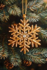 Golden Snowflake Ornament Hanging on Pine Tree Branch