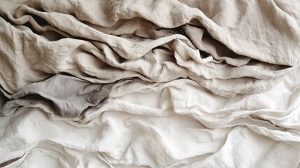 A close-up of wrinkled, layered fabric in neutral tones, showcasing texture and color variation.